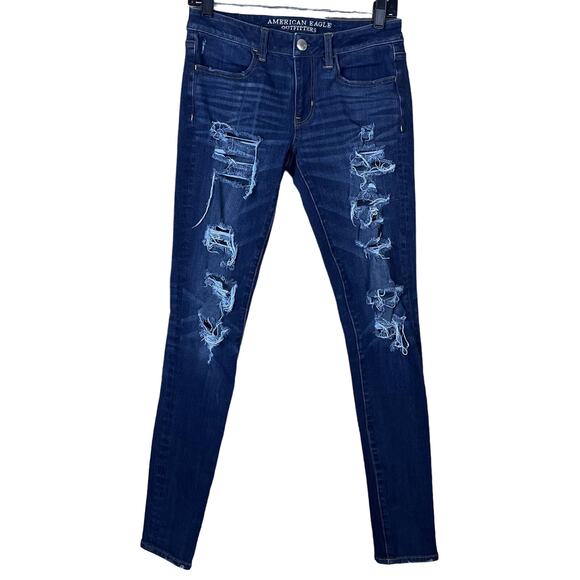 American Eagle Dark Blue Destroyed Jeggings Jeans Size 6 Long - Picture 1 of 10
